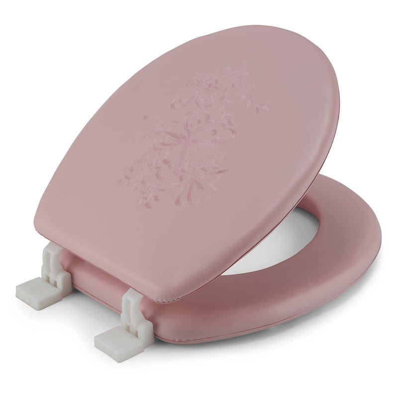 J&V Textiles Embroidered Soft Round Toilet Seat With Easy Clean & Change Hinge, Padded (Pink) - Image 1